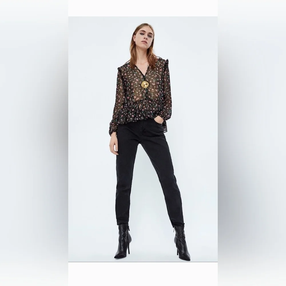 NWOT! Sheer Metallic Women's Zara Spring Peplum Floral Boho Blouse Medium - Picture 12 of 15